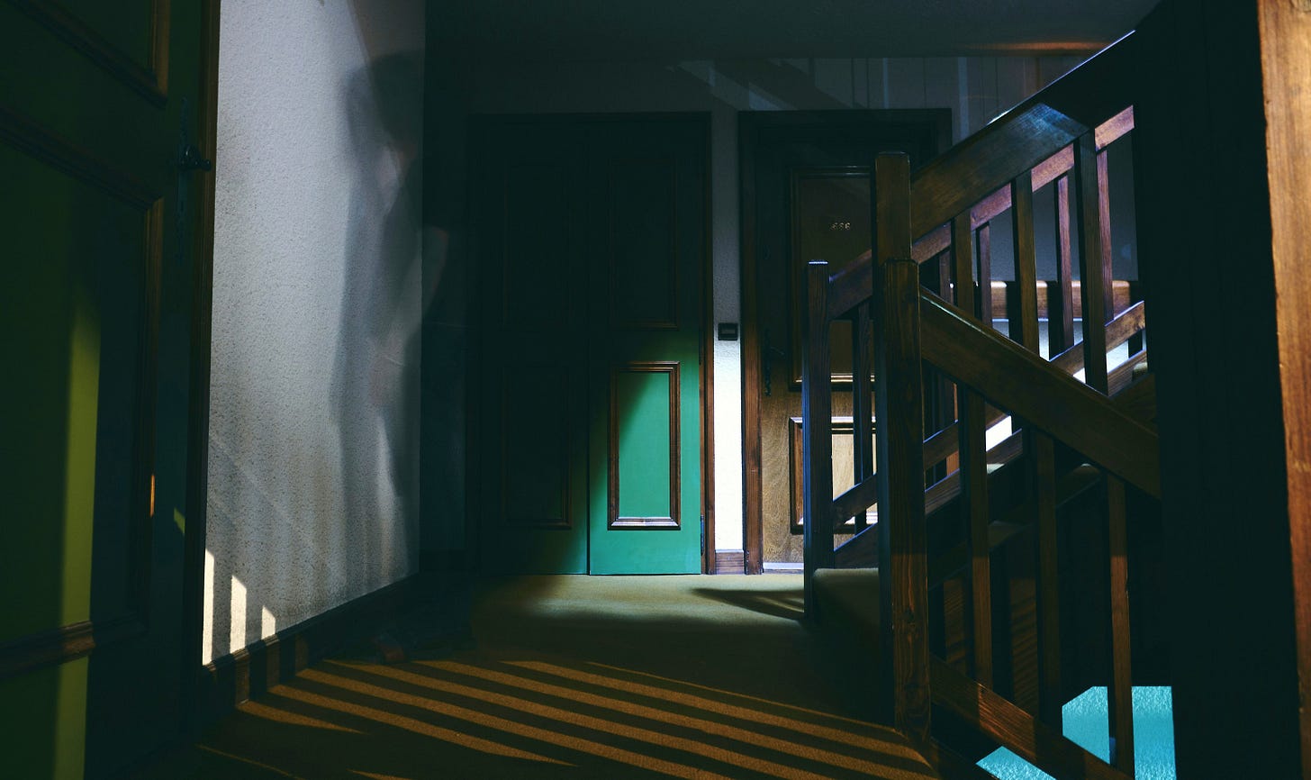 Shadowy landing of a house with green doors visible and a dark human form lurking