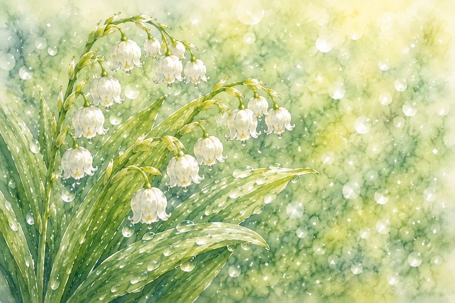 Clusters of lily-of-the-valley bloom beside a woodland path bathed in golden spring light. Their delicate white bells echo the blossoms surrounding the hidden faery mound where Enya discovers a quieter kind of happiness. AI-assisted artwork. © 2026 Designed by Kim West. All rights reserved. Clusters of lily-of-the-valley bloom beside a woodland path bathed in golden spring light. Their delicate white bells echo the blossoms surrounding the hidden faery mound where Enya discovers a quieter kind of happiness. AI-assisted artwork. © 2026 Designed by Kim West. All rights reserved.