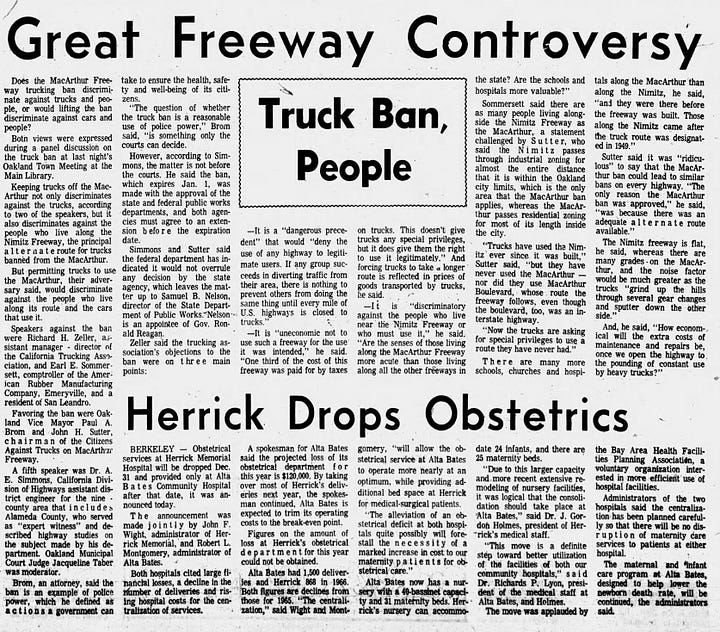 "Battle to keep MacArthur freeway truck ban opens." Oakland Tribune, July 4, 1967 (image digitally enhanced for legibility); and "Great Freeway Controversy," Oakland Tribune, Nov. 11, 1967. (Source: Newspapers.com)