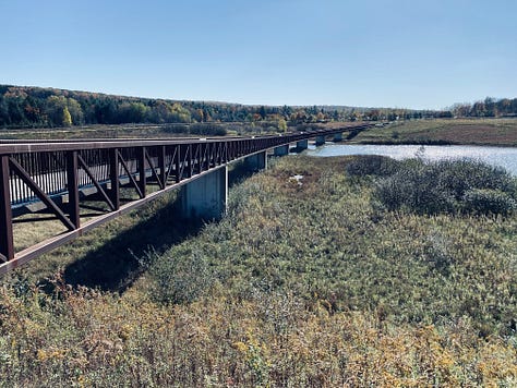 river, bridge, mountains