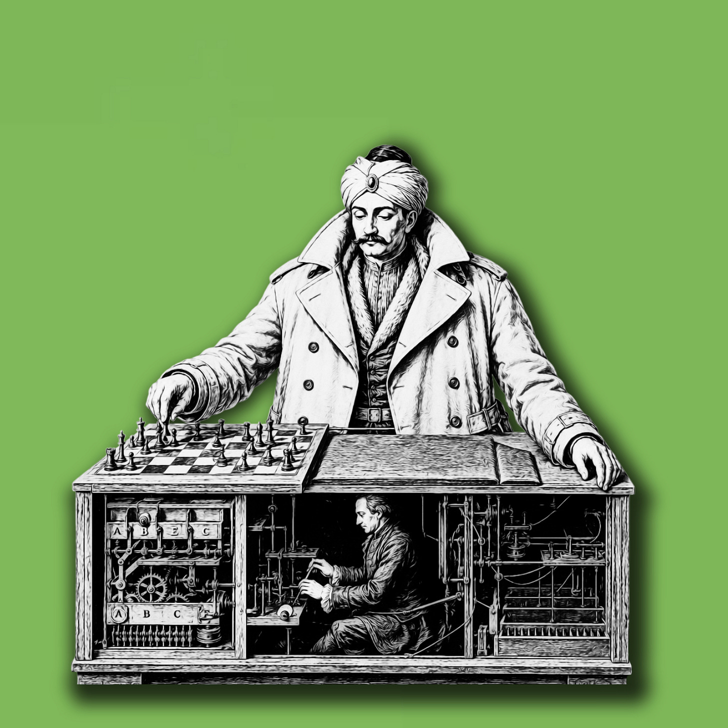 An illustration of the famed 18th Century hoax, the Mechanical Turk….wearing a trench coat.