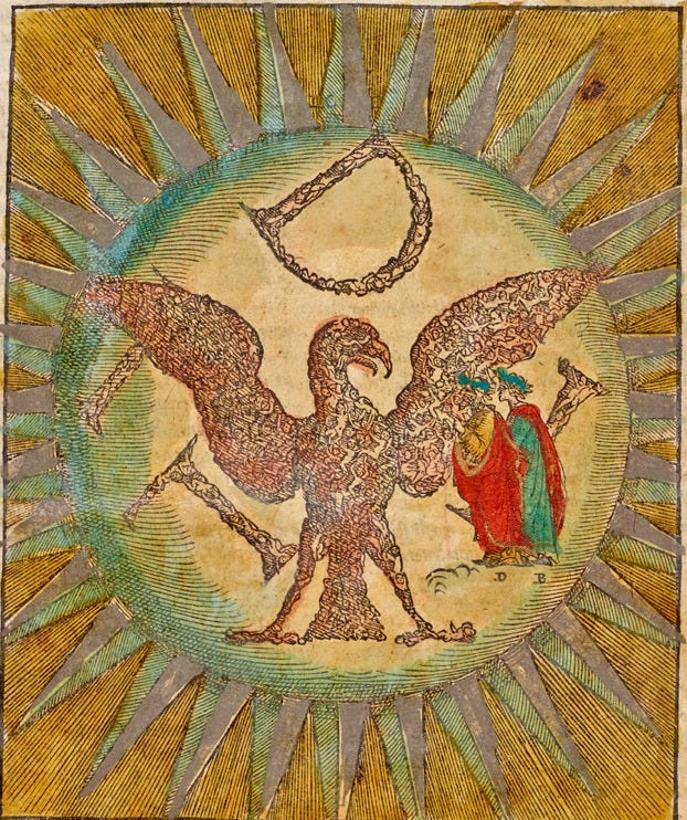 In the Sixth Heaven, the Sphere of Jupiter, Dante and Beatrice watch as the souls move to form letters with their glowing bodies. The M transforms into an eagle, an emblem for Imperial Rome and symbol of justice. 