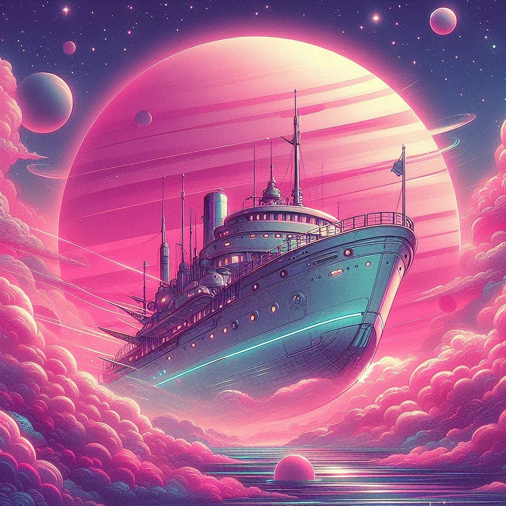 boat ship floating through the clouds of venus, glowing pink, 60s sci fi drawing