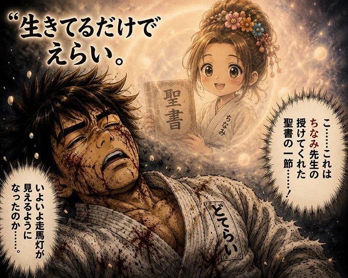 まるで走馬灯のようにうかぶちなみ、そして「生きてるだけでえらい」の文字。こ……これはちなみ先生の授けてくれた聖書の一節……! いよいよ走馬灯が見えるようになったのか…… まるで走馬灯のようにうかぶちなみ、そして「生きてるだけでえらい」の文字。こ……これはちなみ先生の授けてくれた聖書の一節……! いよいよ走馬灯が見えるようになったのか……