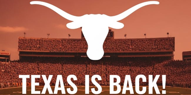 Image of Texas Longhorns football stadium with the text 'TEXAS IS BACK!' in bold white letters below the Longhorn logo. Get your gameday gear, subscribe for insider analysis, and follow the CFP Natty Road. 