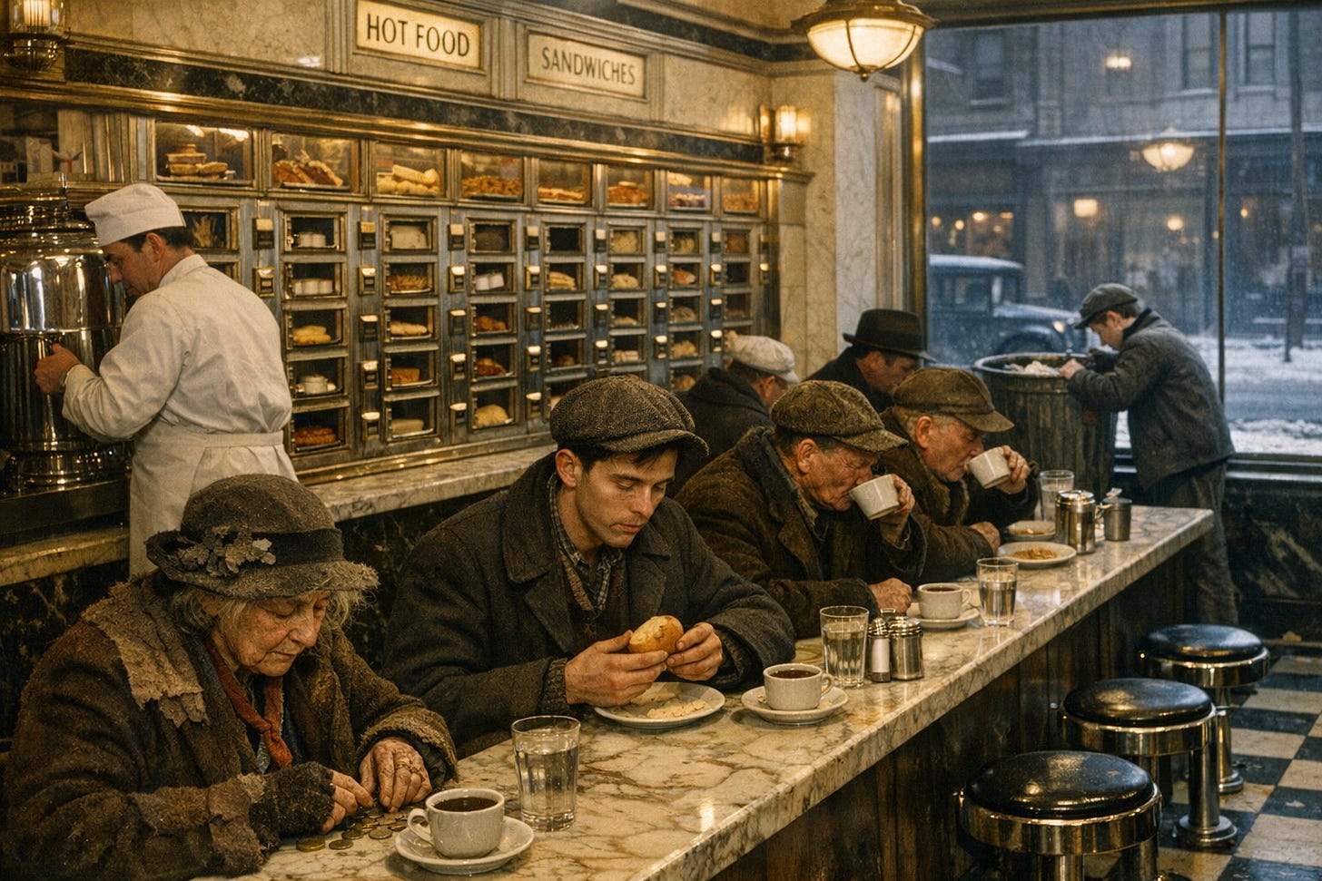 Hyperrealistic color photograph of the interior of a Horn & Hardart Automat cafeteria, 14th Street, New York City, December 1935, lunchtime. Art Deco interior with gleaming brass fixtures, marble countertops, and a wall of small glasswindowed food compartments displaying sandwiches, pies, and hot dishes. Several patrons seated at long counters—workingclass men in worn coats nursing cups of coffee, an elderly woman in threadbare clothing counting coins, a young man in his 20s with hollow cheeks eating a single roll. Warm interior lighting contrasting with gray winter visible through plate glass windows showing a young boy scavenging from a trash bin outside. A uniformed Automat worker refilling coffee urns. Detailed period elements: nickel slots on compartments, chrome stools, black and white checkered floor tiles. Mix of customers showing economic diversity—some better dressed, many showing signs of poverty: patched clothing, thin frames, weathered faces. Documentary style, warm tungsten lighting, periodaccurate details..png