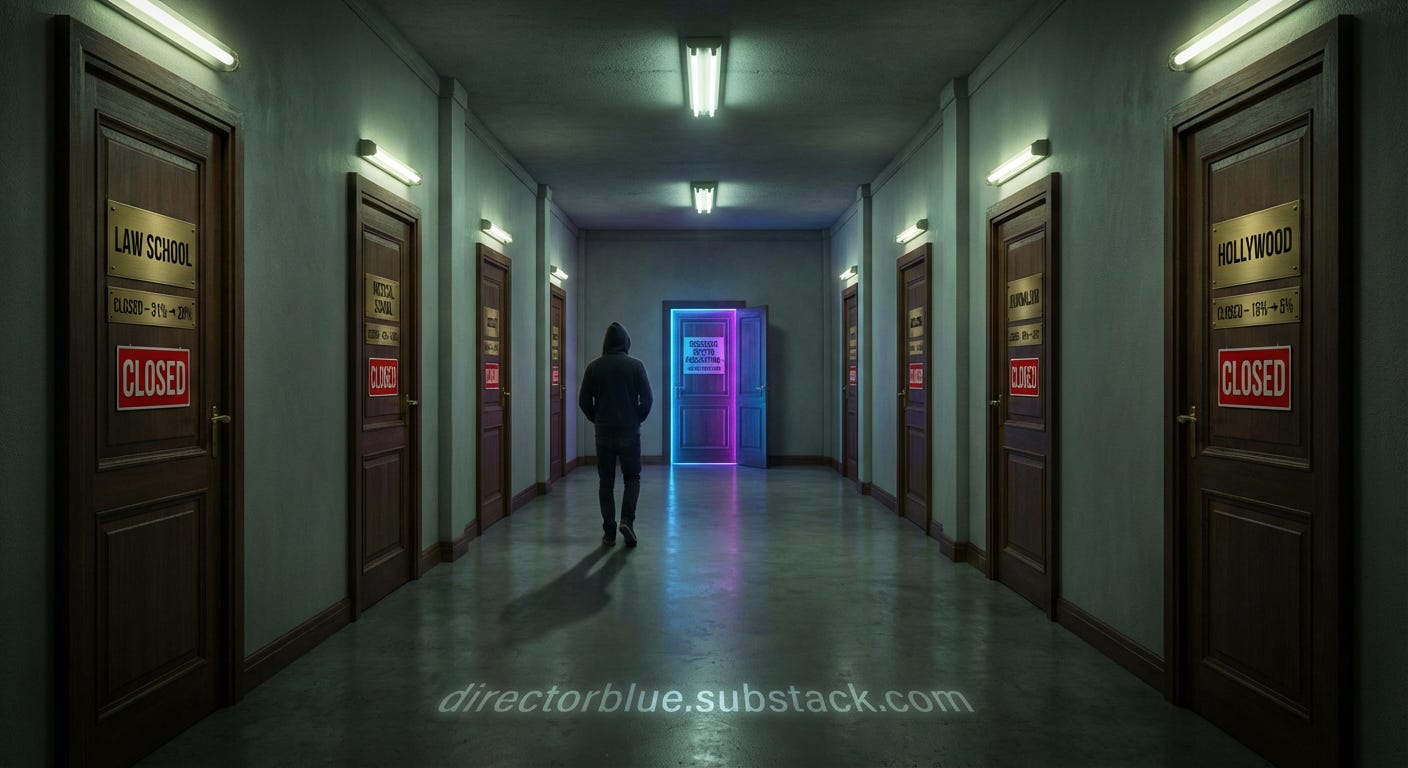 A surrealist infinite corridor with countless doors on both sides each representing different prestige fields Doors are labeled with brass plaques LAW SCHOOL MEDICAL SCHOOL GOOGLE ACADEMIA JOURNALISM HOLLYWOOD All doors are firmly shut with _image_1