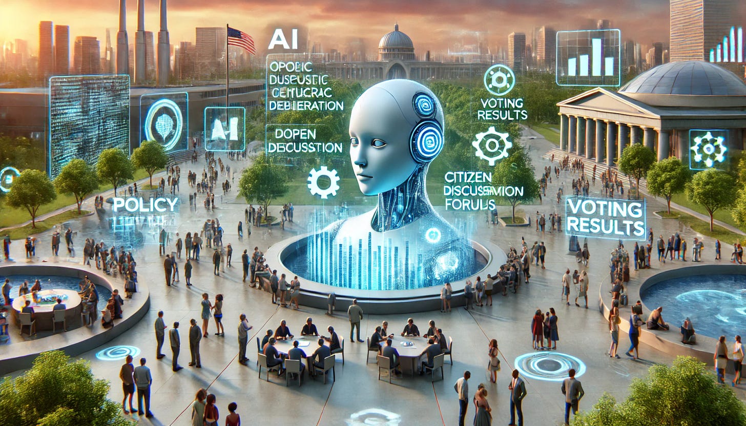 A futuristic landscape scene where AI supports democratic deliberation, emphasizing open discussion and citizen engagement rather than surveillance. Citizens gather in a modern public square, surrounded by digital screens displaying policy data, voting results, and collaborative discussion forums. The AI appears as a facilitator, guiding discussions and helping people understand complex issues. The atmosphere is welcoming, with a focus on community and collective decision-making. The scene incorporates symbols of trust, cooperation, and digital transparency, highlighting technology's role in empowering citizens for democratic participation without any sense of control or surveillance. A futuristic landscape scene where AI supports democratic deliberation, emphasizing open discussion and citizen engagement rather than surveillance. Citizens gather in a modern public square, surrounded by digital screens displaying policy data, voting results, and collaborative discussion forums. The AI appears as a facilitator, guiding discussions and helping people understand complex issues. The atmosphere is welcoming, with a focus on community and collective decision-making. The scene incorporates symbols of trust, cooperation, and digital transparency, highlighting technology's role in empowering citizens for democratic participation without any sense of control or surveillance.