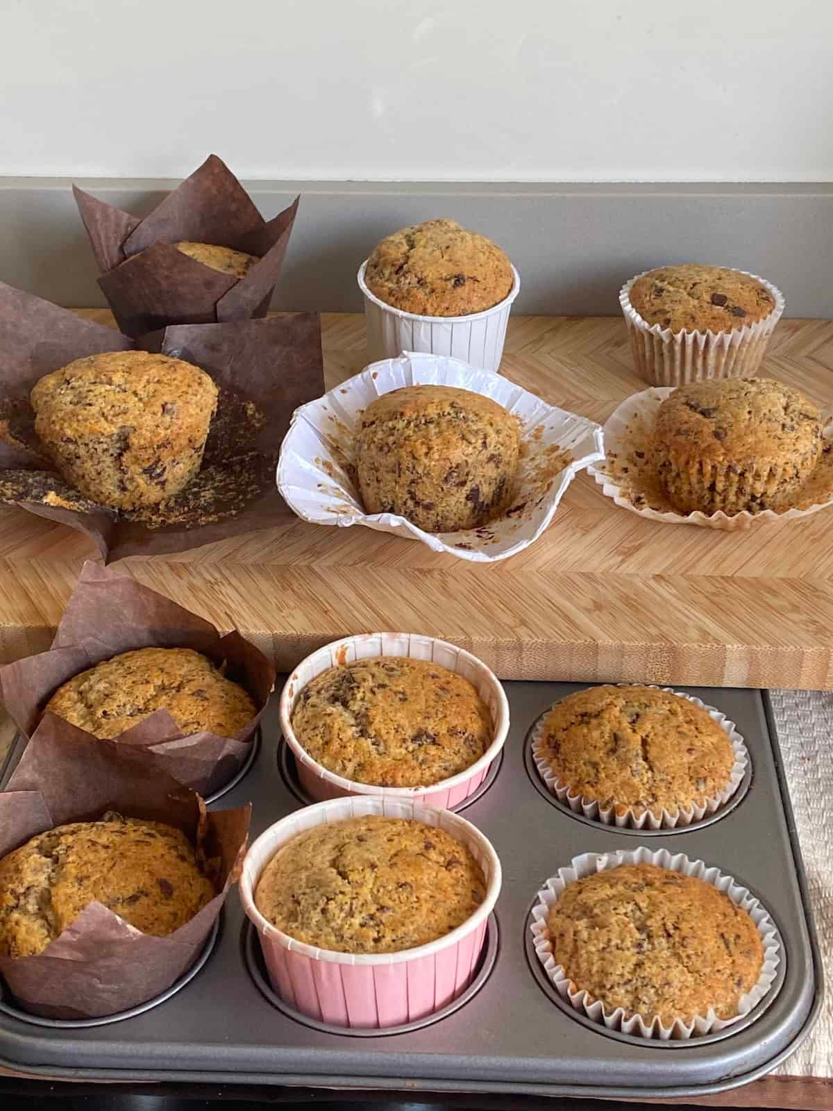 Tray of chocolate chip muffins. Tray of chocolate chip muffins.