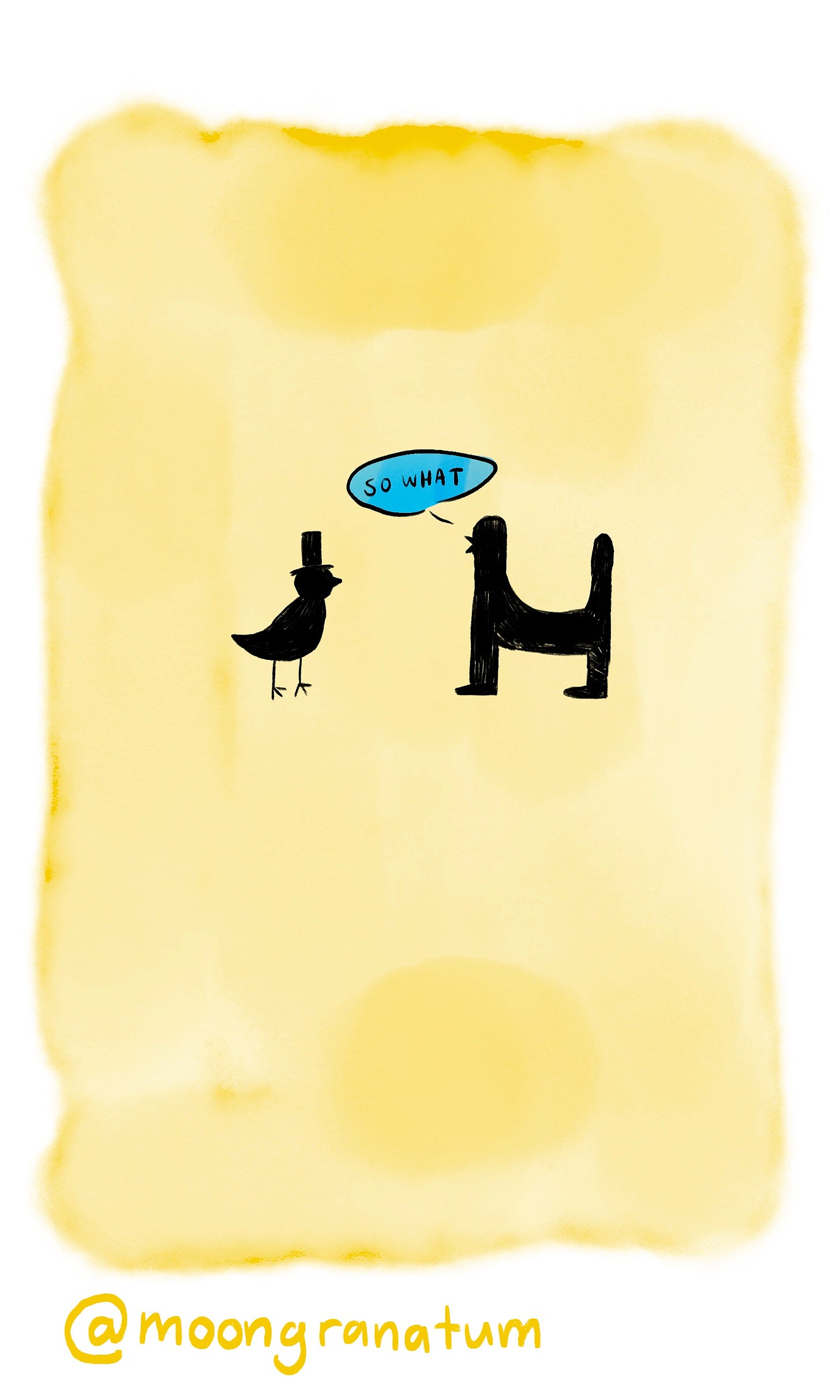 Moongranatum, a digital watercolor comic about birds. Panel 8 text reads: So what. Moongranatum, a digital watercolor comic about birds. Panel 8 text reads: So what.