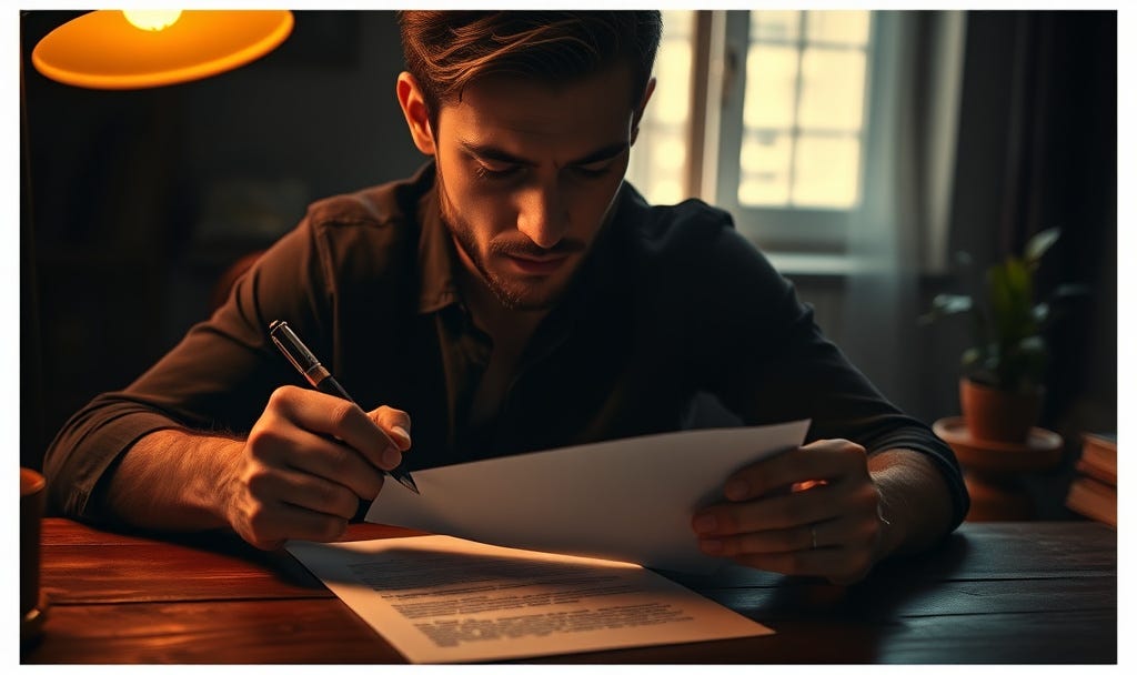 millenial man with an earnest, contemplative expression, sitting in a dimly lit study. He is looking down at a physical piece of paper on a rustic wooden desk. One hand is gripping a fountain pen, and the other is physically crumpling a second sheet of paper that has cold, robotic, computer-like typography on it. millenial man with an earnest, contemplative expression, sitting in a dimly lit study. He is looking down at a physical piece of paper on a rustic wooden desk. One hand is gripping a fountain pen, and the other is physically crumpling a second sheet of paper that has cold, robotic, computer-like typography on it.