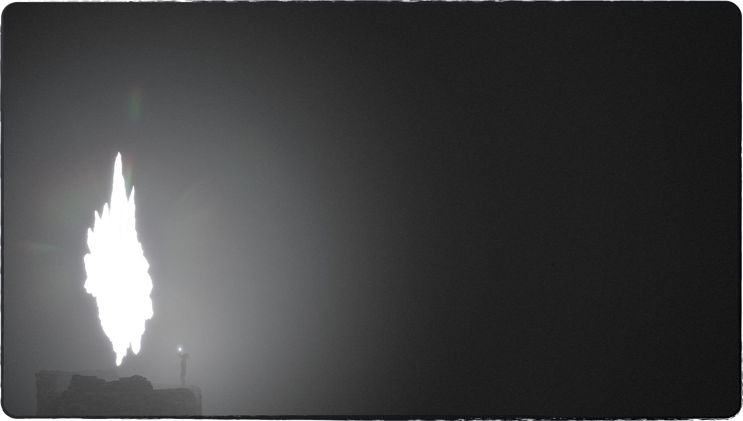 An image from Bramble showing Olle looking up at a giant light.