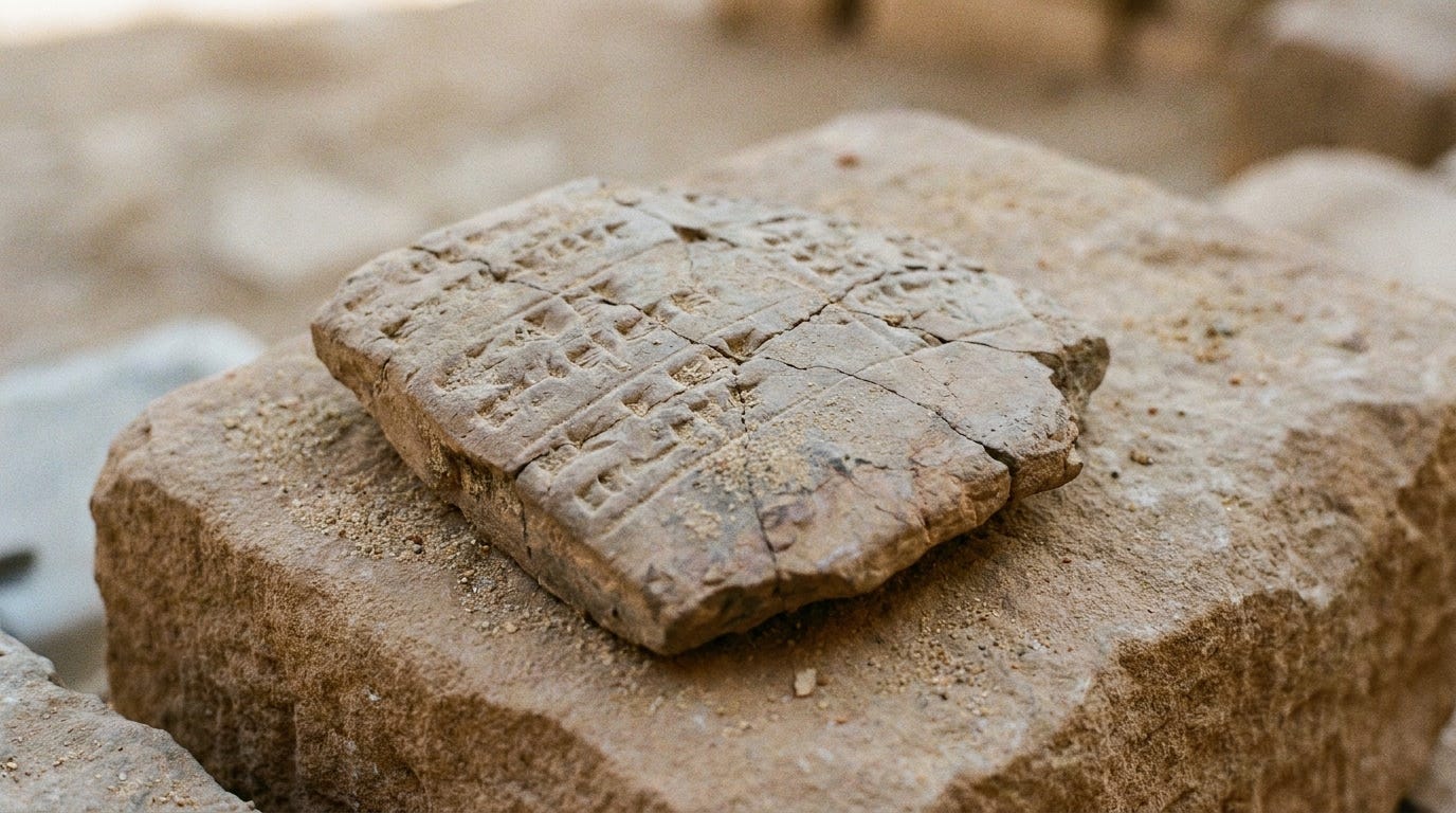 A close view of a worn clay tablet incised with rows of ancient script and column marks, cool morning light across the surface, no people, no faces, no text readable A close view of a worn clay tablet incised with rows of ancient script and column marks, cool morning light across the surface, no people, no faces, no text readable