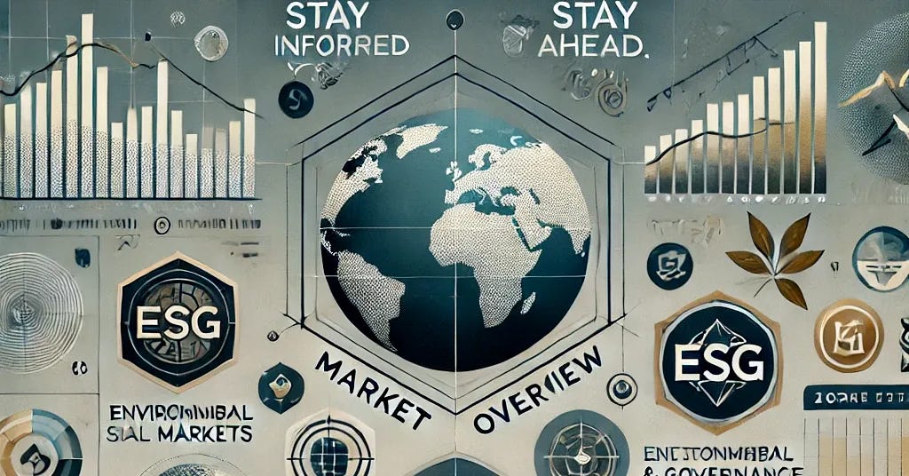 A visually appealing and professional illustration titled '2024 Market Overview.' The image includes a balanced layout with the title prominently displayed at the top in bold, modern sans-serif font. The background features subtle financial-themed elements like stock market graphs, abstract geometric patterns, and muted global imagery. The main content visually highlights key market trends, represented with icons: a rising line chart for market growth, a globe for global markets, a leaf for ESG (Environmental, Social, Governance) focus, and a digital currency icon for blockchain and cryptocurrency trends. The color scheme uses shades of blue and green with accents of gold and grey, creating a modern and professional look. At the bottom, a call-to-action text reads 'Stay Informed. Stay Ahead.'