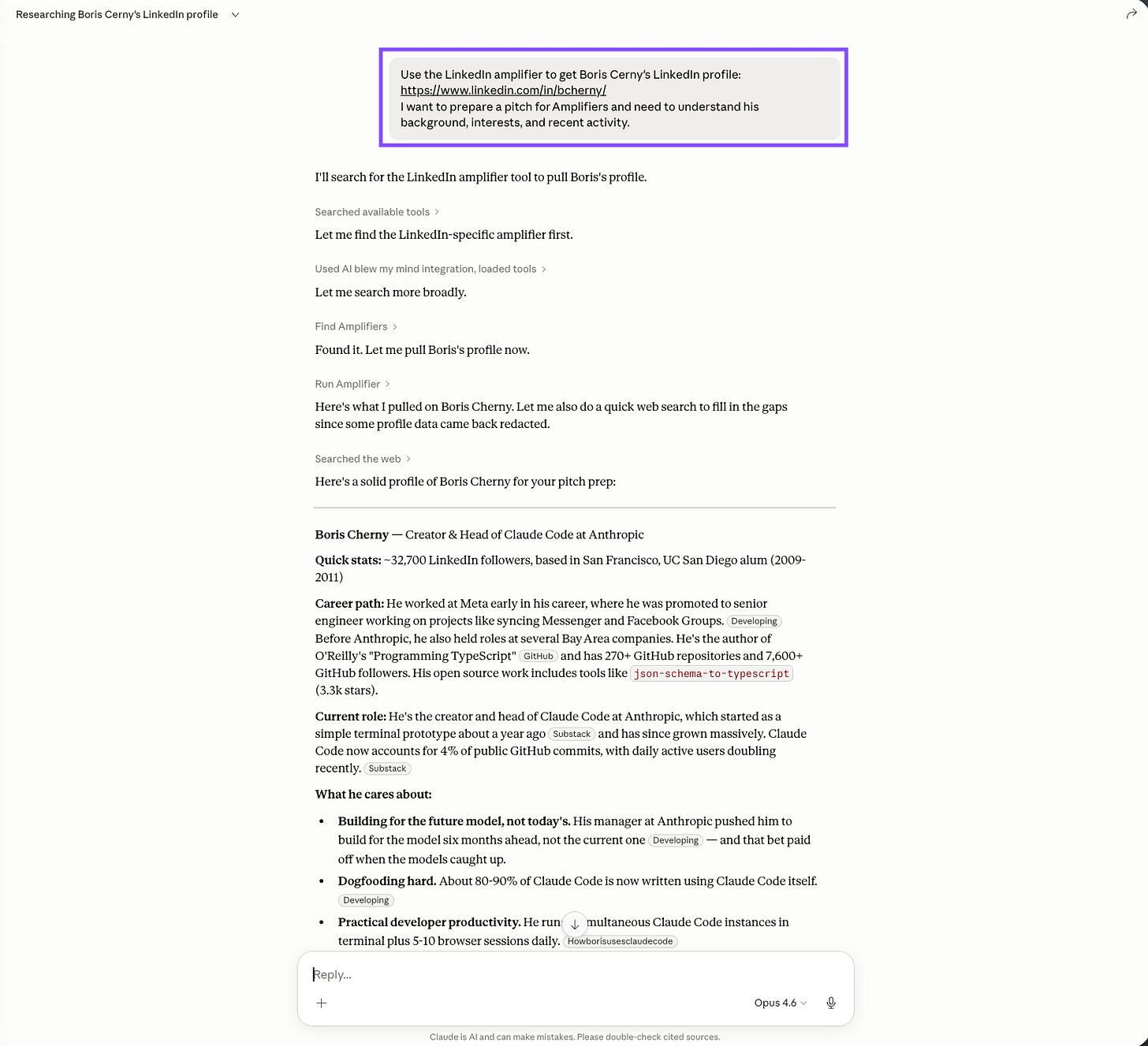 Screenshot of Claude using the LinkedIn amplifier to research Boris Cherny's profile for pitch preparation, showing his career path at Meta and Anthropic, role as creator of Claude Code, follower count, and key interests.