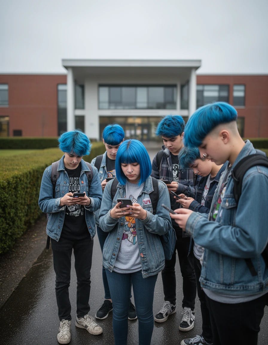 Pathetic high school kids with blue hair and septum piercings looking at their phones