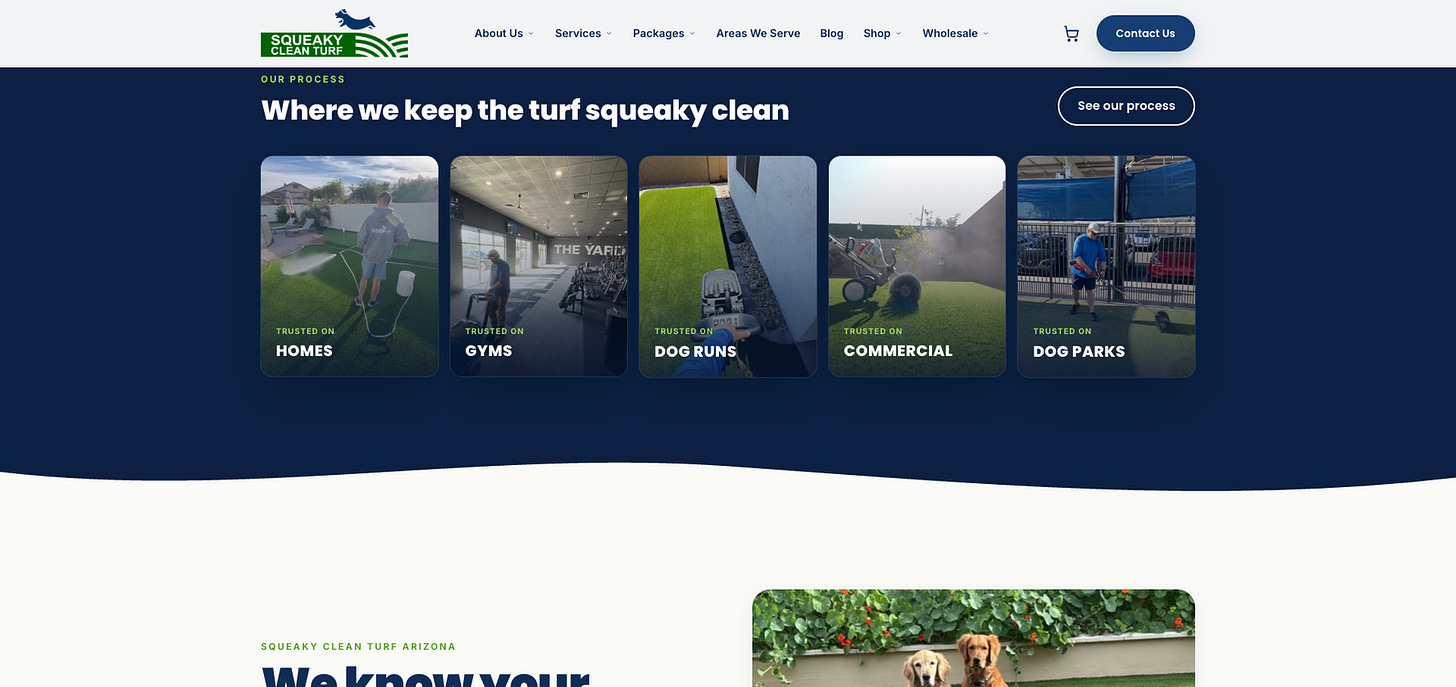 The live Squeaky Clean Turf homepage on the new Astro stack, showing the 'Where we keep the turf squeaky clean' process section with Trusted On tiles for homes, gyms, dog runs, commercial, and dog parks The live Squeaky Clean Turf homepage on the new Astro stack, showing the 'Where we keep the turf squeaky clean' process section with Trusted On tiles for homes, gyms, dog runs, commercial, and dog parks