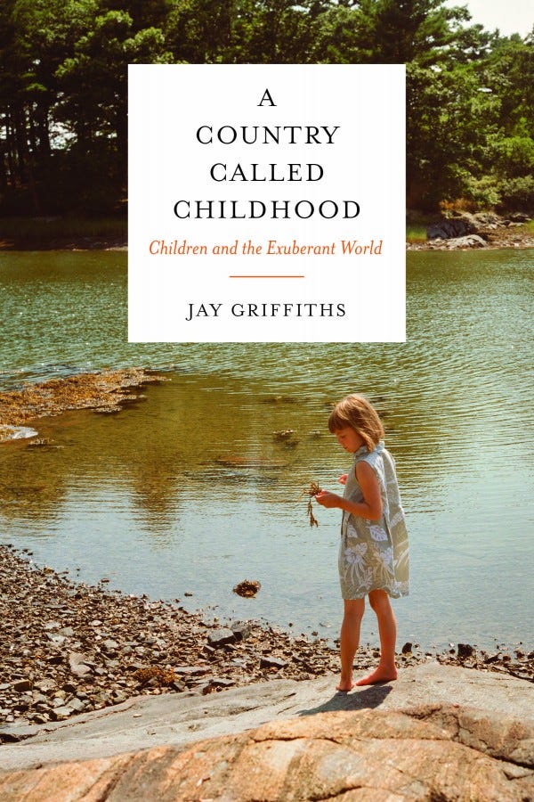 The cover of A Country Called Childhood, showing a child on a rock near a river, holding a handful of weeds.