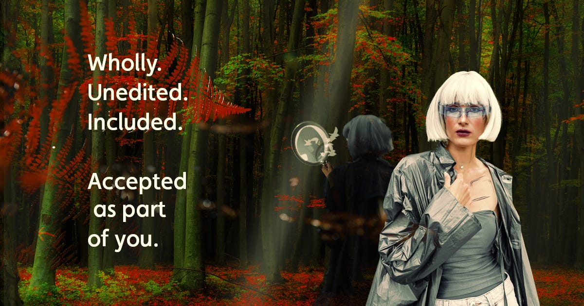Space woman in forest, her shadow self behind holding a mirror.