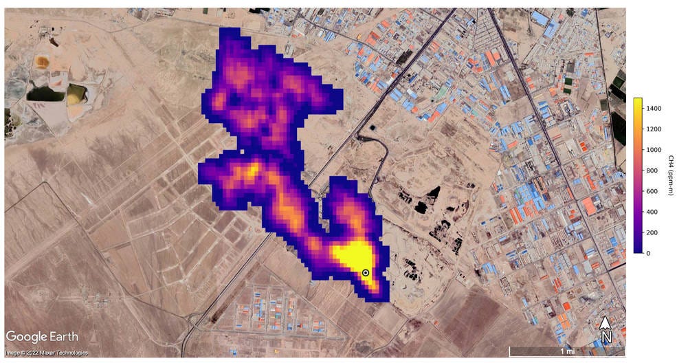 A methane plume at least 3 miles (4.8 kilometers) long billows into the atmosphere south of Tehran, Iran.