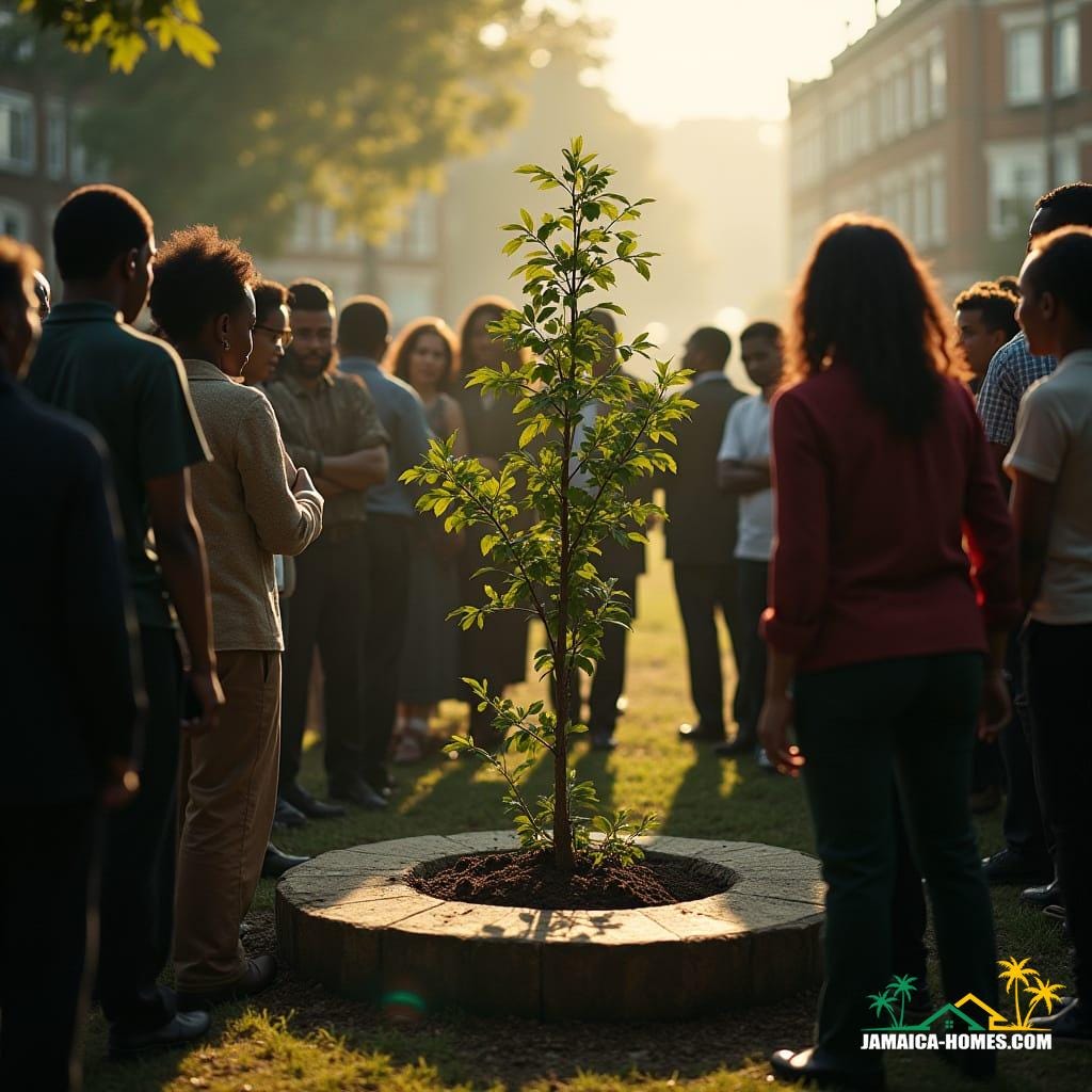  Cinematic film still, shot on v-raptor XL, 35mm film, showing a diverse group of British citizens of Caribbean descent gathered around a memorial planting a tree for the 75th anniversary of the Empire Windrush. Bureaucracy and bureaucracy are depicted through faint, out-of-focus tax forms in the background. Dramatic, atmospheric, cinematic lighting with a hint of golden hour glow, color graded, post-processed, film grain, vignette, best quality, a masterpiece, epic, stunning, live-action.