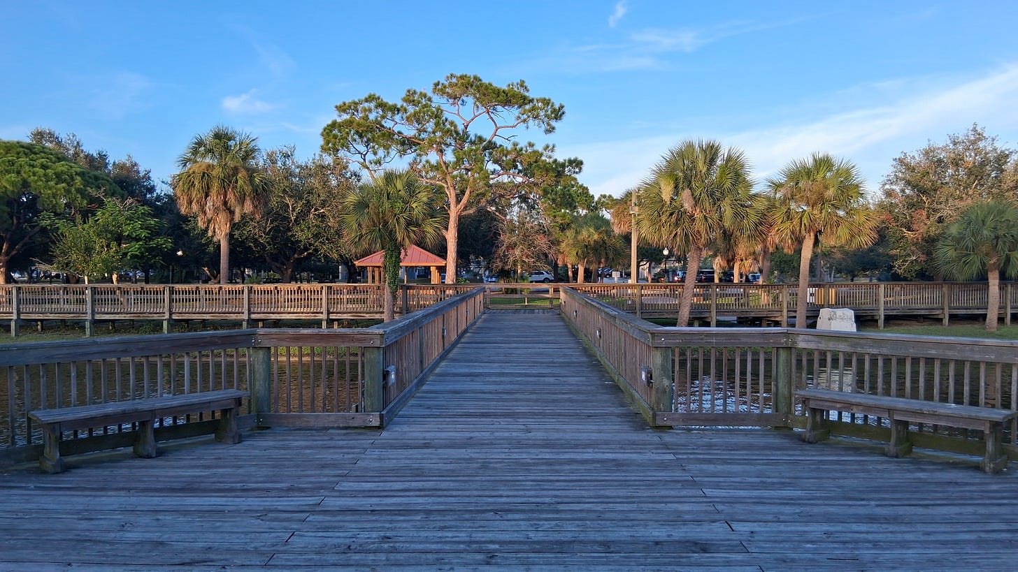 Walking pier on the lake at Gleason Park, Indian Harbour Beach, Florida.