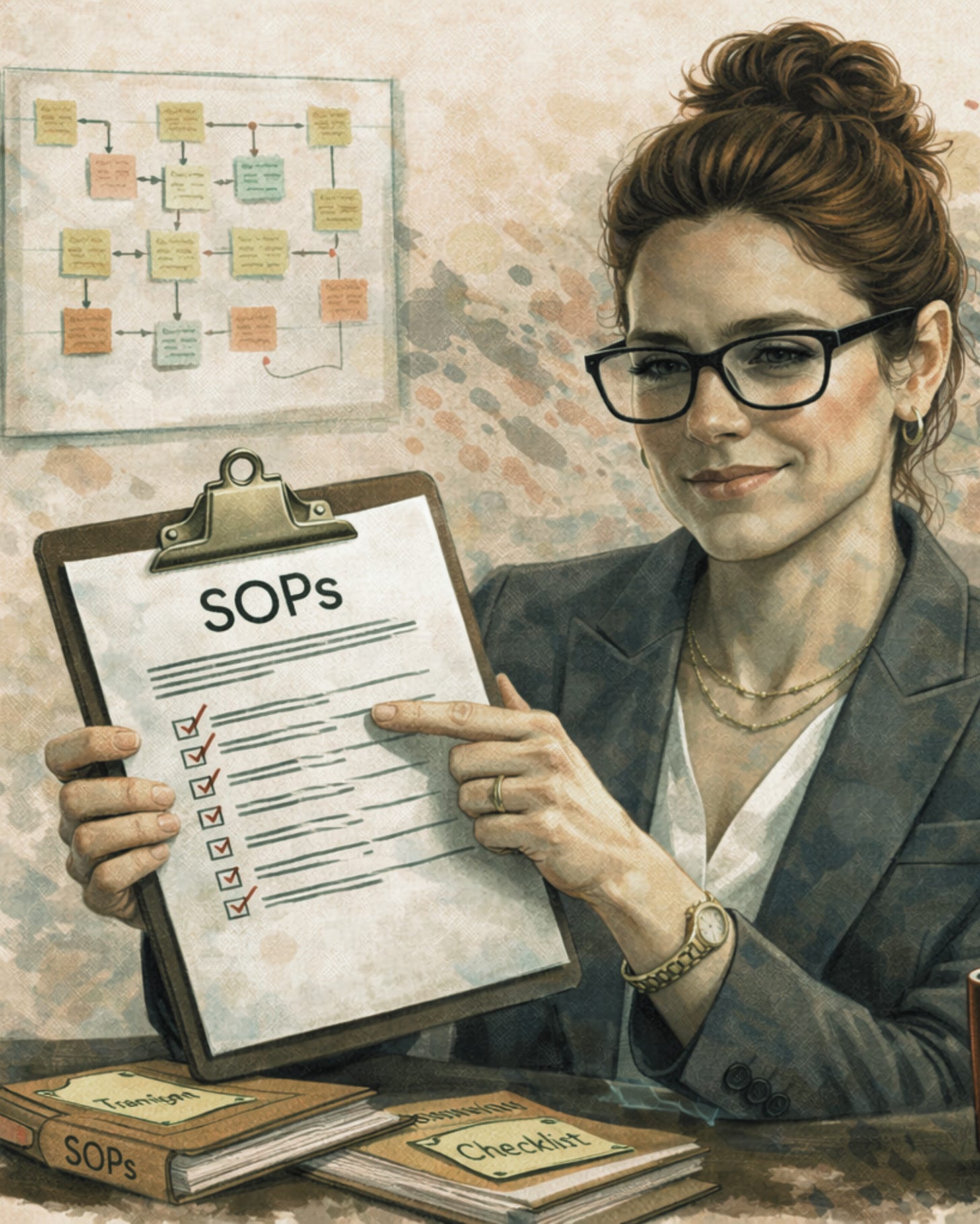  Illustrated professional woman holding a checklist labeled SOPs, representing structured workflows, clarity, and reducing repeated work through simple processes