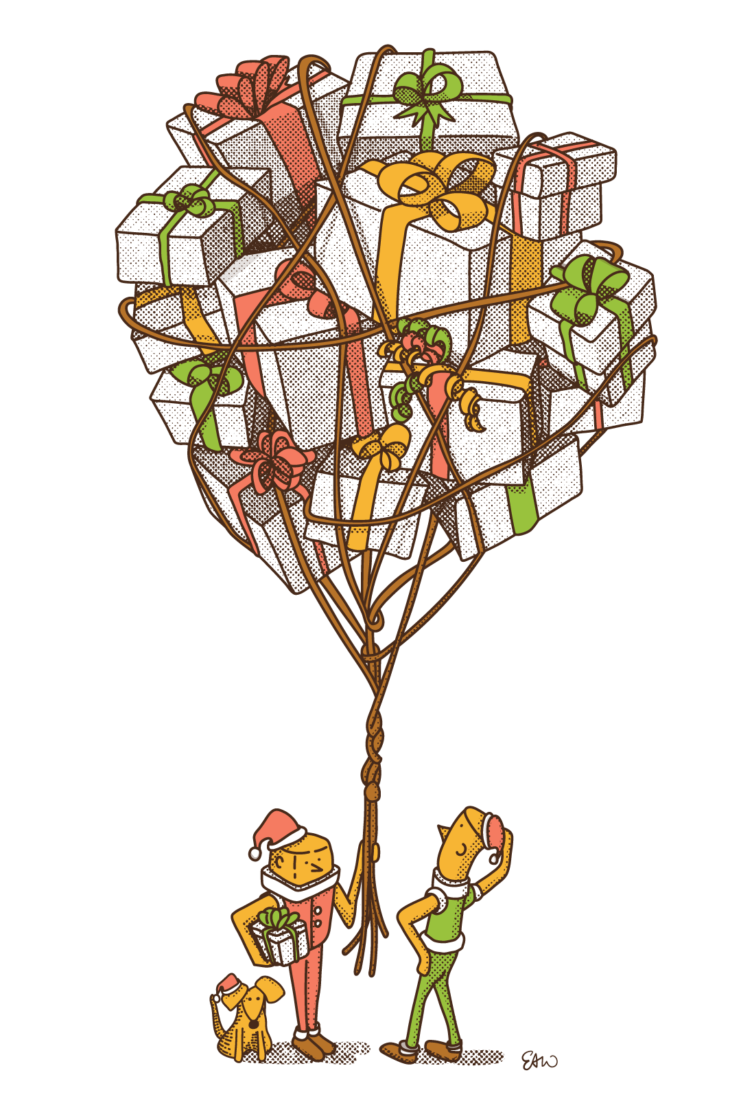Illustrated cartoon of several dozen gifts bundled and strung together like floating balloons. The gift is held by one character and presented to another at the bottom of the composition.