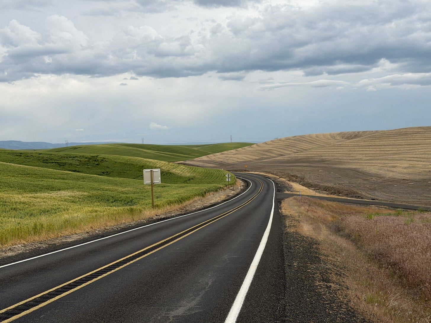 An open road curving through green and golden hills under a wide sky.