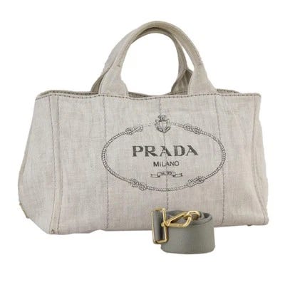 PRADA Canapa MM Hand Bag Canvas 2way White Gray Gold Auth fm4240 - Picture 1 of 24