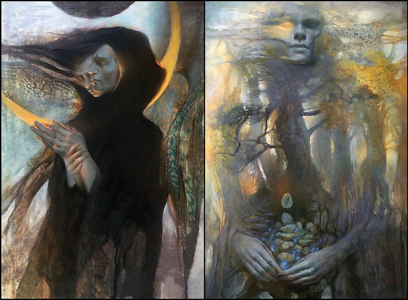 Two surreal figures, one shrouded in dark robes with a crescent shape, the other with a stone-filled cloak, both in ethereal, moody settings.