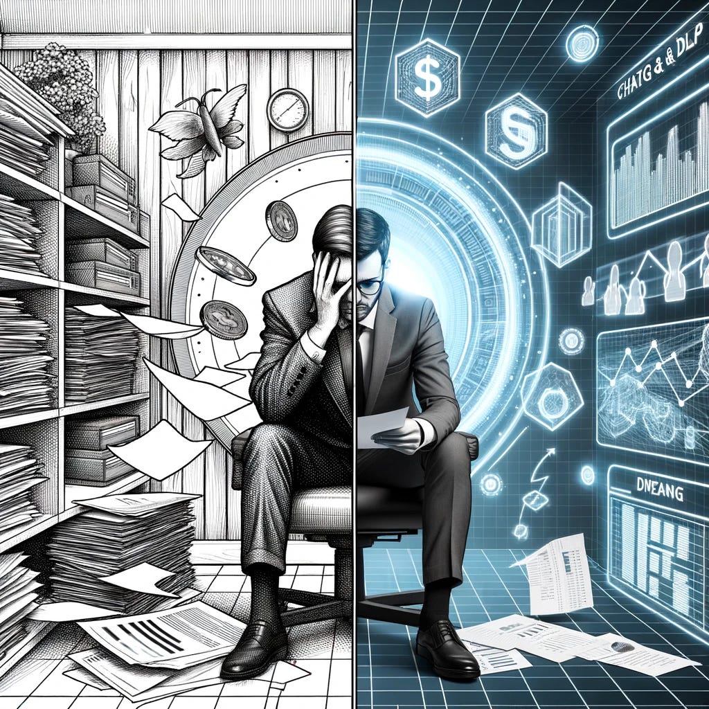 Drawing of a split scene. On the left, a traditional financial office setting with paper documents and a stressed out banker. On the right, a sleek digital space with holographic screens showing the words 'ChatGPT & NLP: Revolutionizing Financial Communication' and a relaxed professional analyzing data.