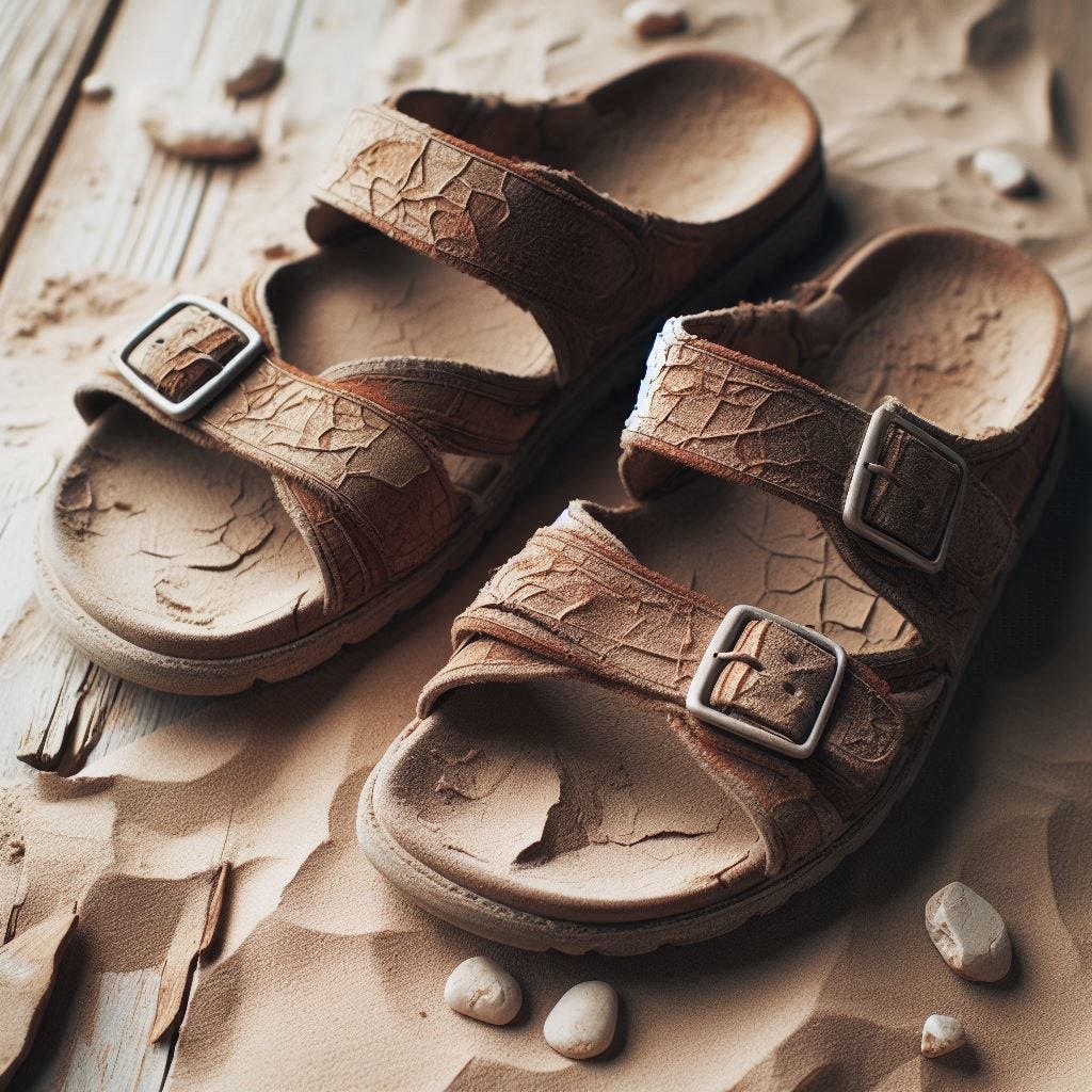 AI-generated image of a pair of dusty and well-travelled sandals.