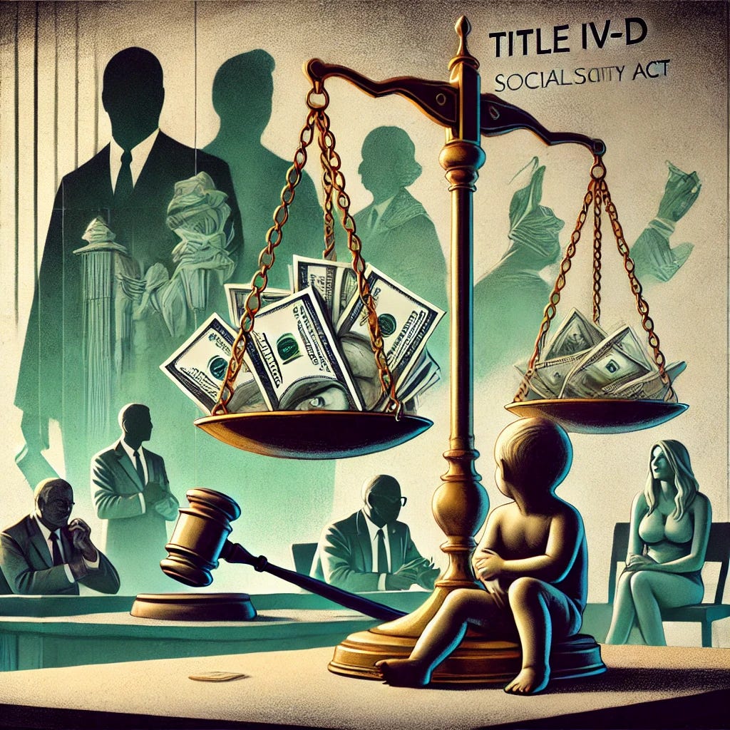 A symbolic illustration for an article about Title IV-D of the Social Security Act and its impact on child custody and child support decisions. The image features a courtroom scale tilted, with money stacked on one side and a child sitting on the other, representing the imbalance created by financial incentives in custody decisions. In the background, shadowy figures of judges and attorneys are subtly visible, symbolizing the potential for corruption. The color palette uses muted tones with highlights of green and gold to emphasize the financial aspect. The overall tone is reflective and thought-provoking.