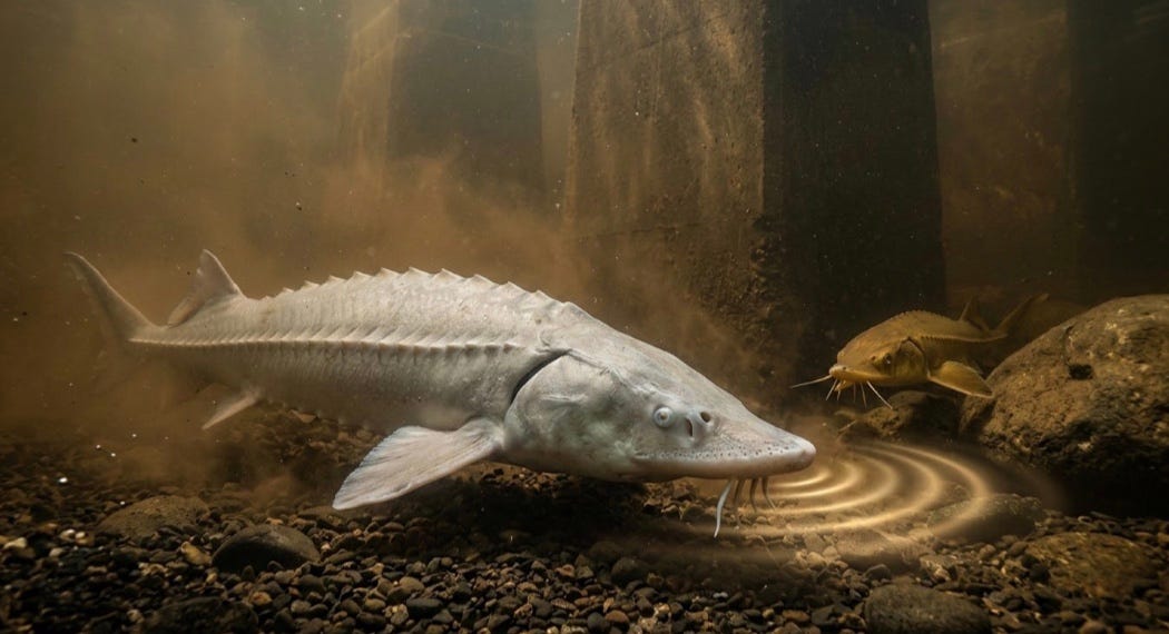 Realistic image of Pallid Sturgeon and Shovel Nose Surgeon deep in the water of Mississippi River.