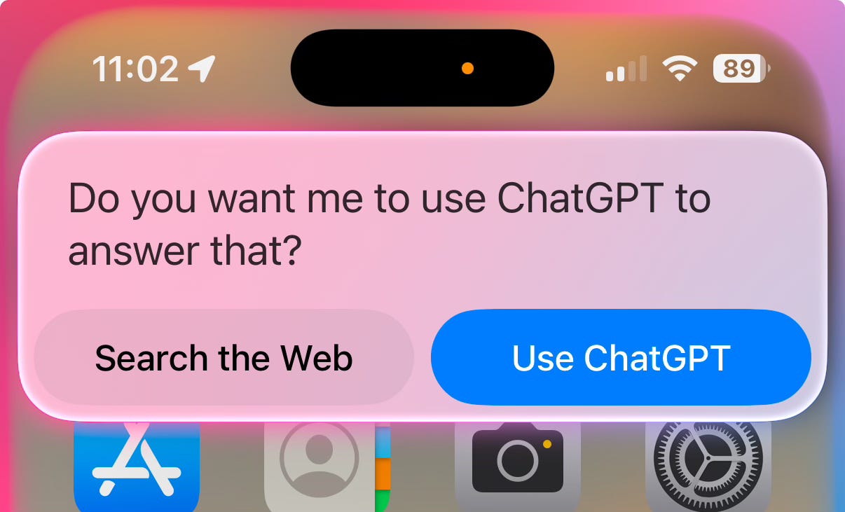 Siri asking the user whether to use ChatGPT or not