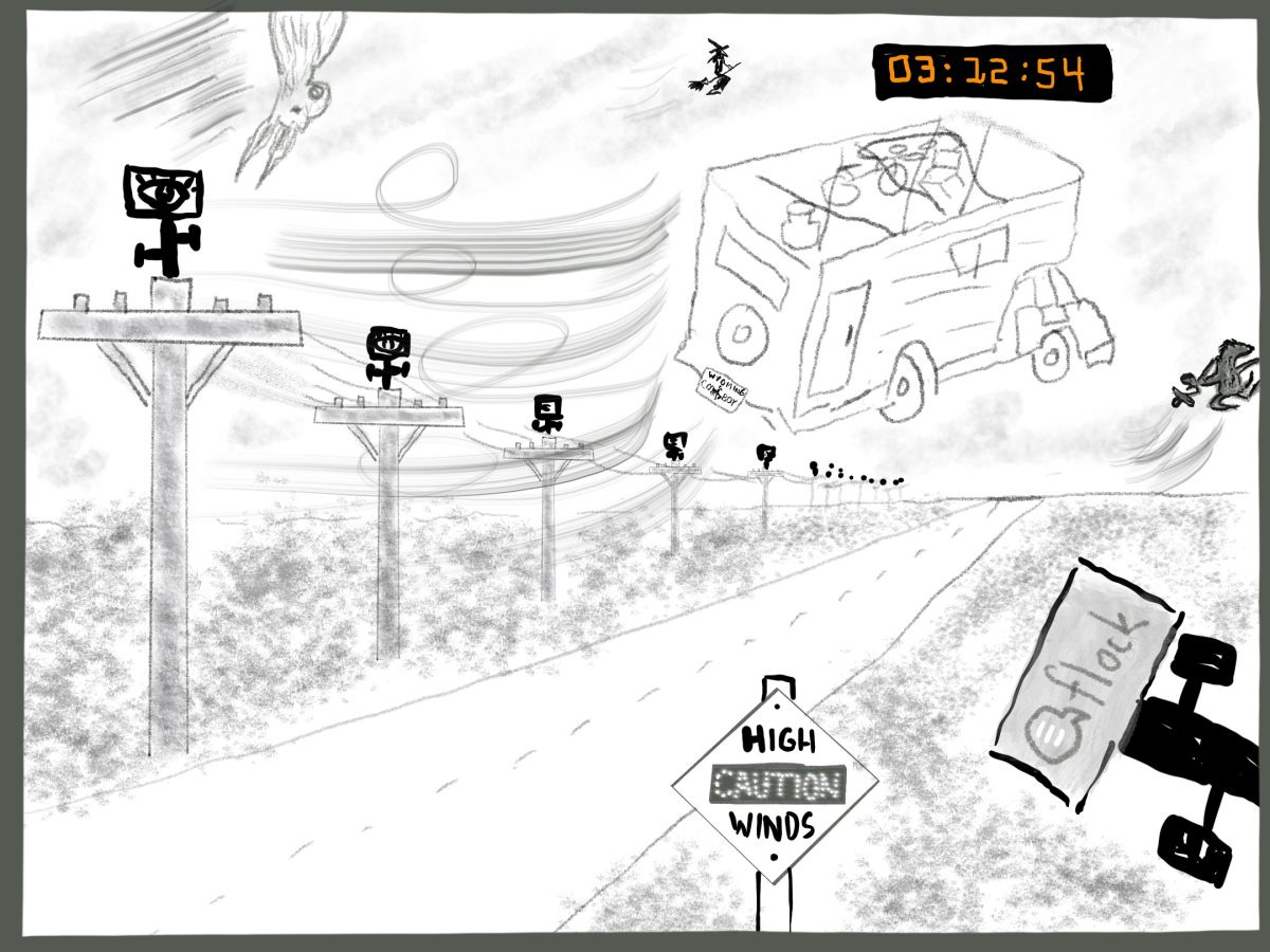 A cartoon drawing of a camper being blown off the highway as Flock cameras witch. A rabbit, a witch and the Bucking Horse and Rider from the Wyoming license plate are flying through the air. A cartoon drawing of a camper being blown off the highway as Flock cameras witch. A rabbit, a witch and the Bucking Horse and Rider from the Wyoming license plate are flying through the air.