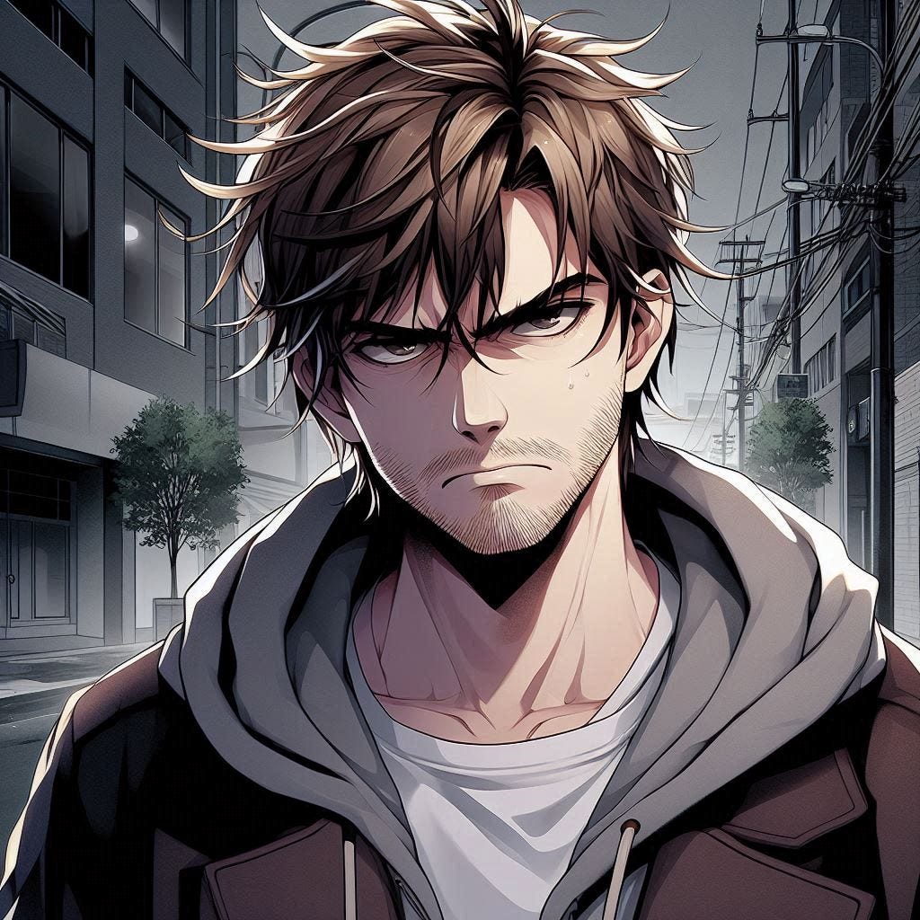 a middle aged poorer looking man with dark blond messy hair and is wearing a gray hoodie who is walking away and looks incredibly angry. anime art style. dark. modern. city streets.
