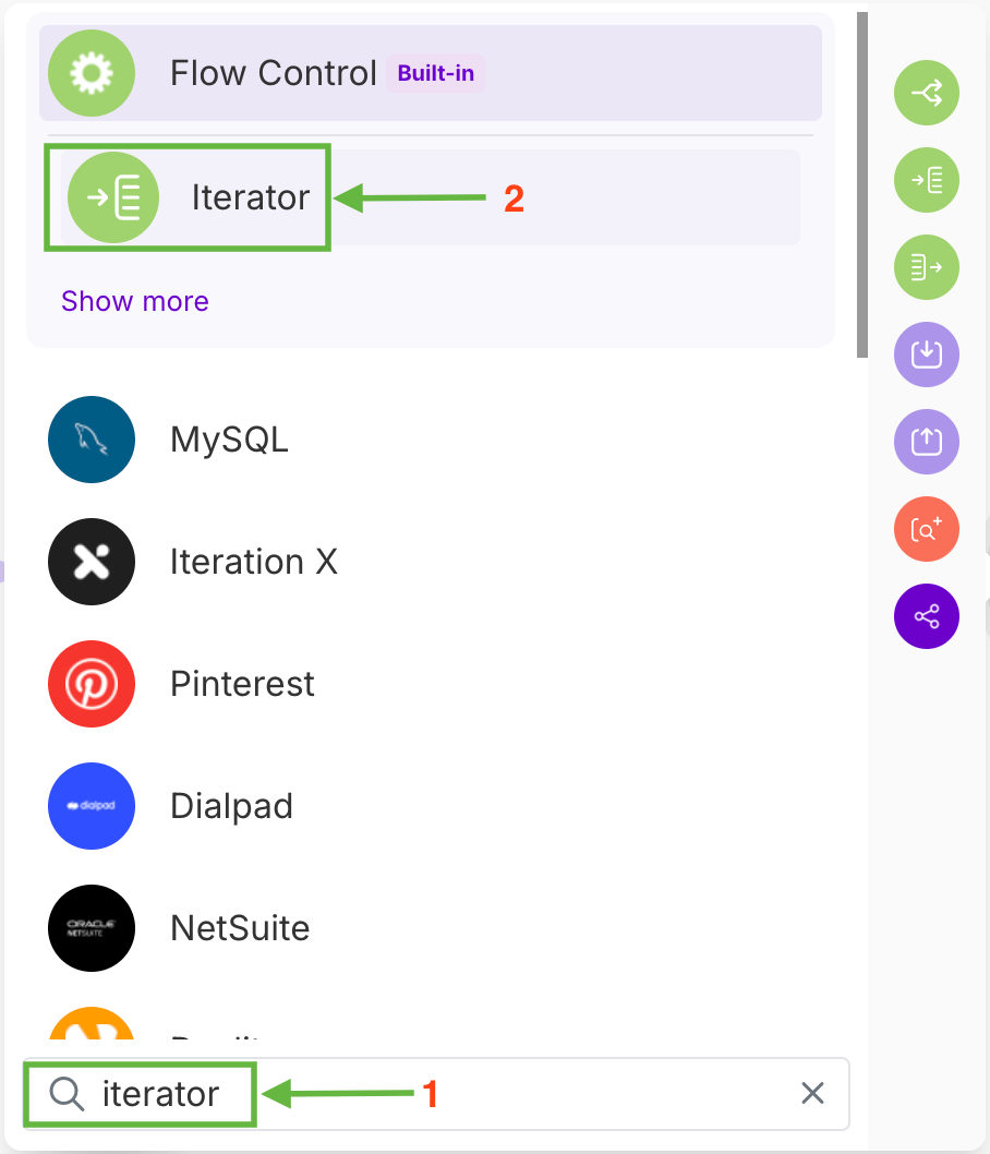 Searching for 'Iterator' module in Make.com.