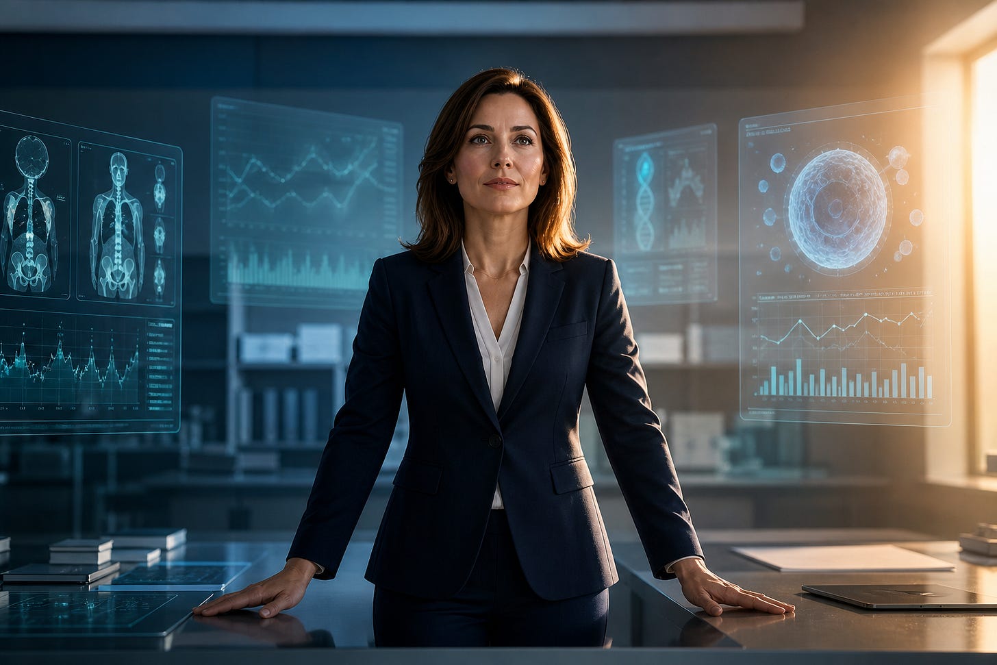 Clean, modern editorial hero image. A confident professional woman stands at the center of a minimalist medical command center. Subtle transparent screens display medical data, charts, and scans around her. She is calm, composed, and in control, facing slightly forward, not walking away. Lighting transitions from shadow to soft warm light, symbolizing clarity and control. Color palette of deep blue, teal, and white with restrained warm highlights. Minimalist, high-end, magazine style, no text, no clutter, no sci-fi elements. Clean, modern editorial hero image. A confident professional woman stands at the center of a minimalist medical command center. Subtle transparent screens display medical data, charts, and scans around her. She is calm, composed, and in control, facing slightly forward, not walking away. Lighting transitions from shadow to soft warm light, symbolizing clarity and control. Color palette of deep blue, teal, and white with restrained warm highlights. Minimalist, high-end, magazine style, no text, no clutter, no sci-fi elements.