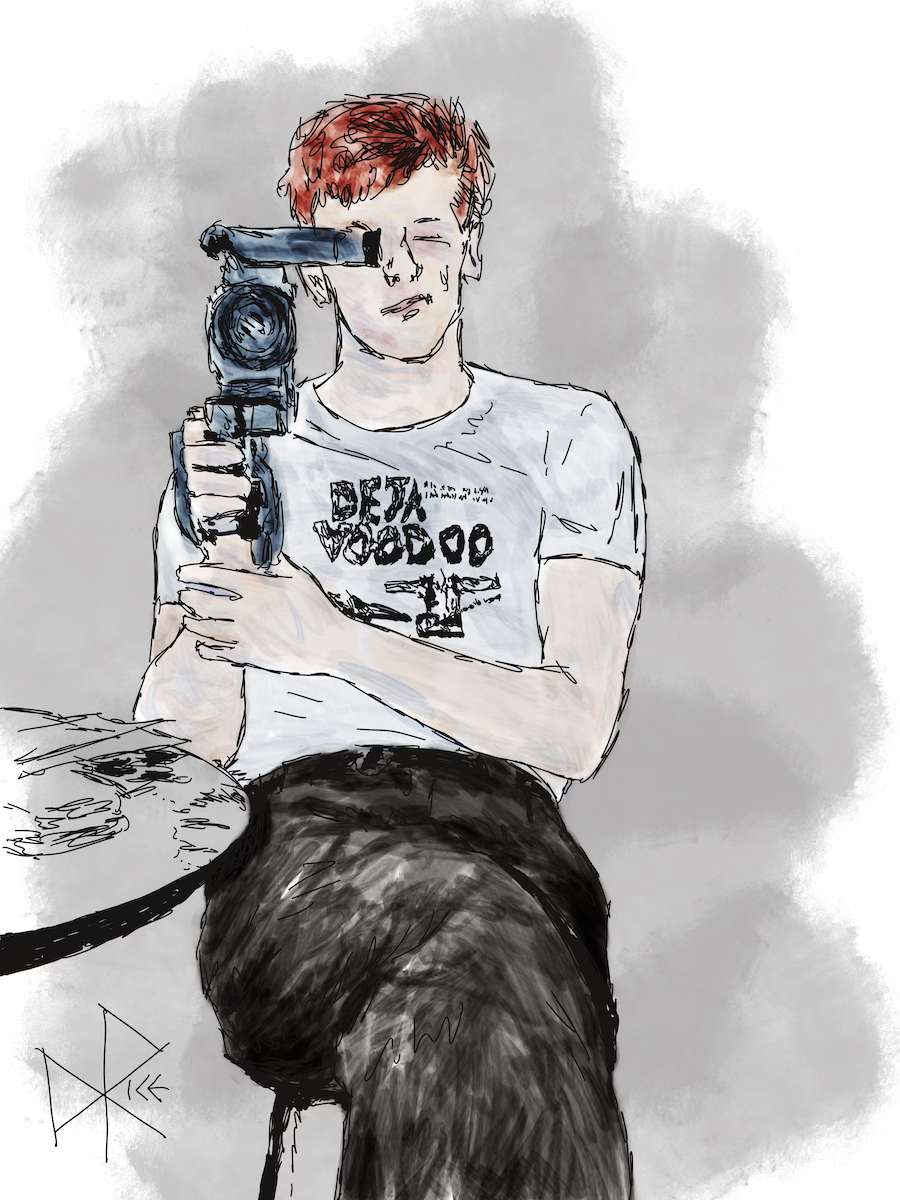 A seated man, looking through the viewfinder, points an ancient video camera directly at you. Sketch art by Don Rice.