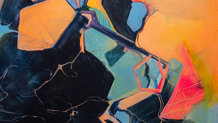 Four images show close-up shots of one of Briget's paintings. The primary. colors are orange, pink, dark blue, green and light blue. There are moments of neon orange and soft purple.