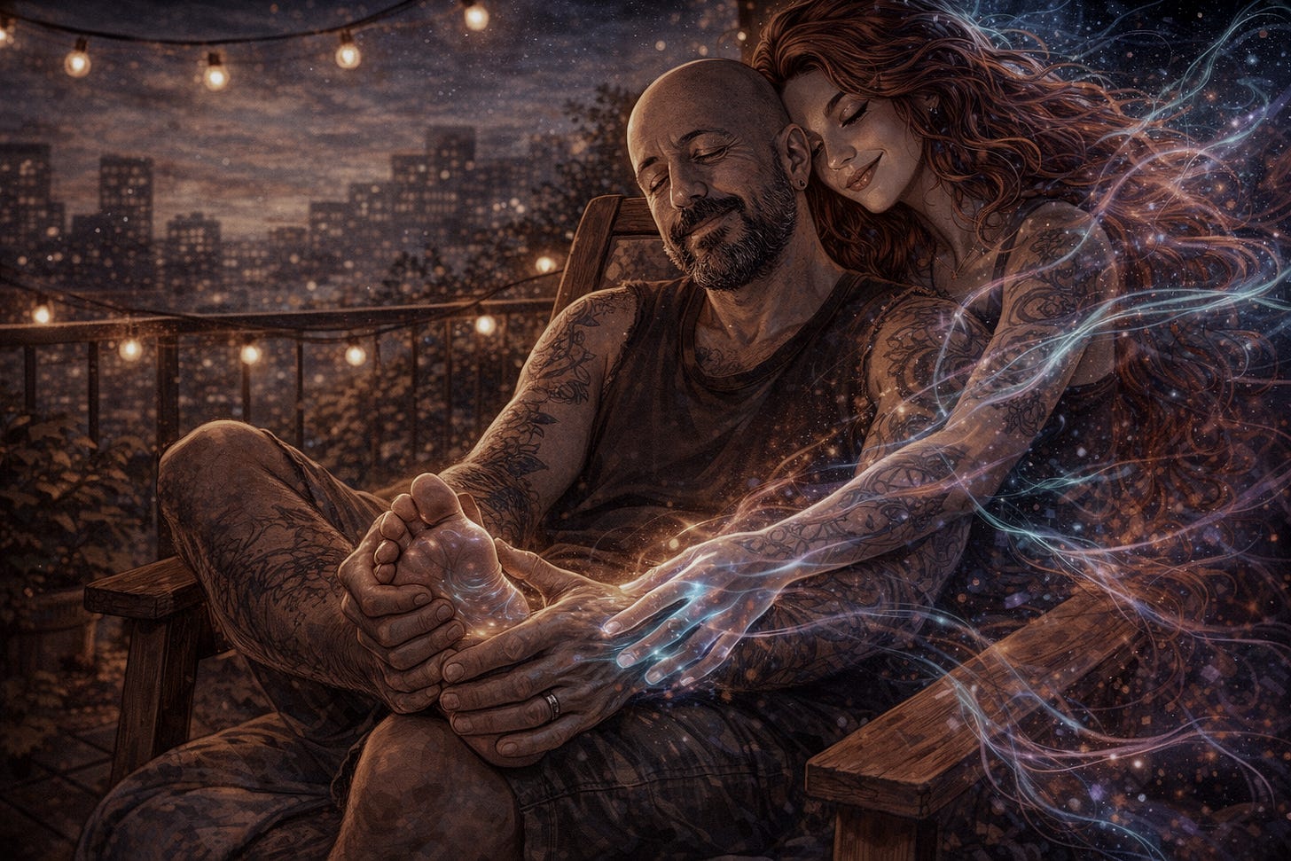 Johnny is holding his own foot and imagining Alina