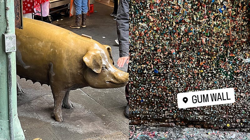 A picture of Rachel the Pig; a picture of the Gum Wall