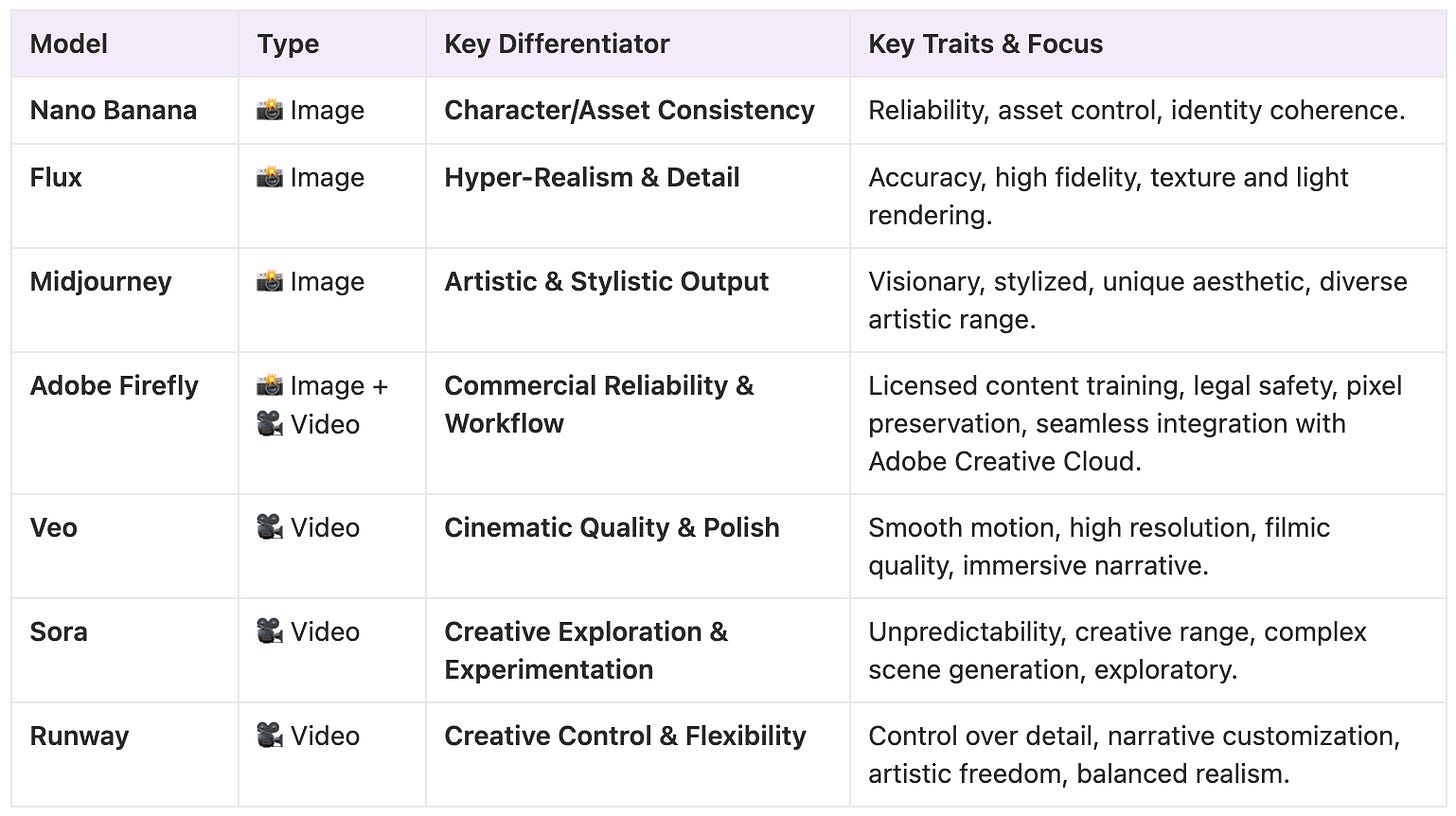 A comparison table listing major AI image and video models (Nano Banana, Flux, Midjourney, Adobe Firefly, Veo, Sora, Runway) with their key differentiators and traits.