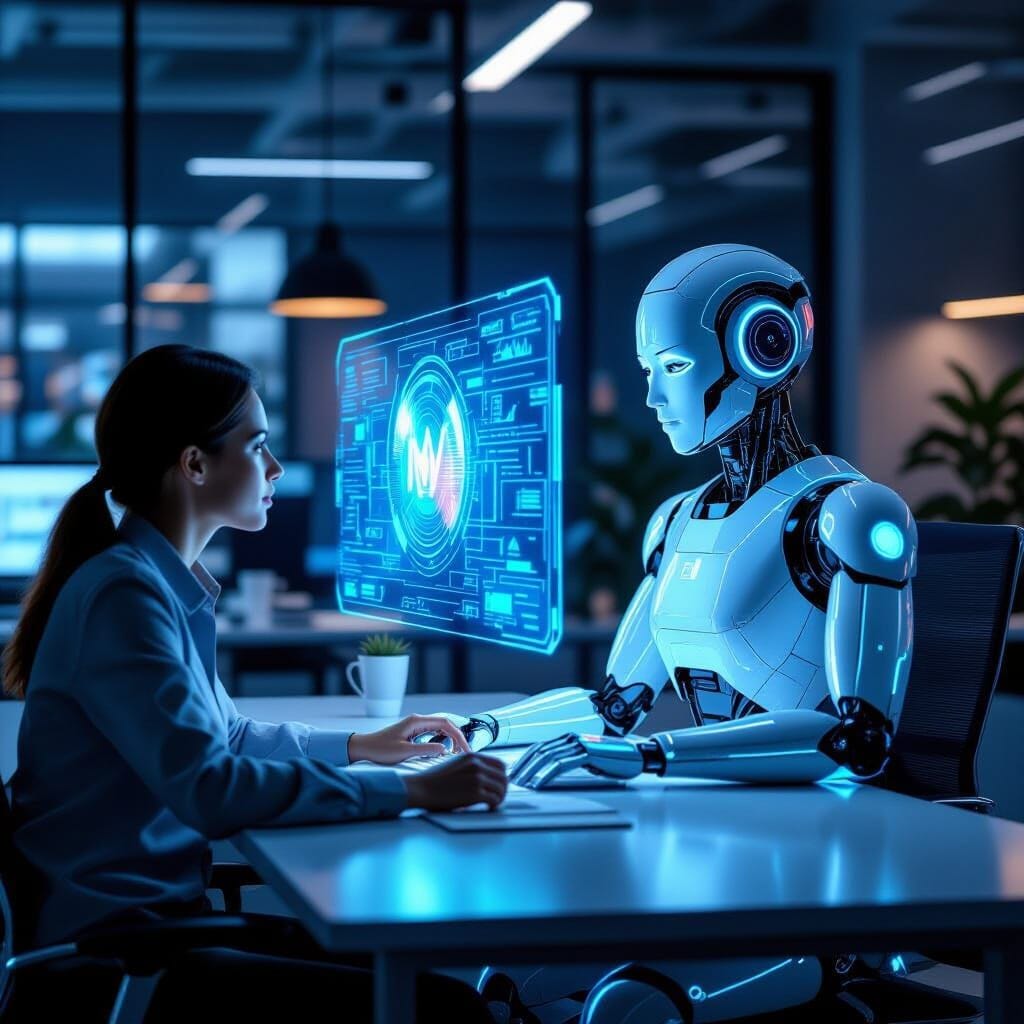 A glowing digital humanoid figure sitting next to a human office worker, both looking at a holographic screen floating a... A glowing digital humanoid figure sitting next to a human office worker, both looking at a holographic screen floating a...