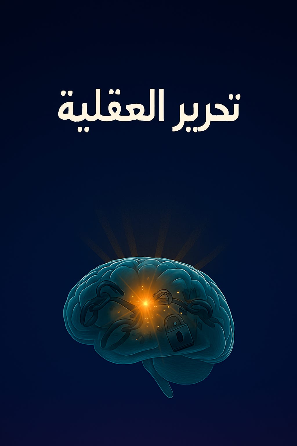 دماغ بشري زجاجي شفاف بلون أزرق فاتح، بداخله سلاسل رقمية مكسورة وأقفال مفتوحة تنبعث منها أشعة ذهبية، حروف عربية عائمة ورموز ثنائية خافتة على خلفية متدرجة من الأزرق إلى البنفسجي، والعنوان العربي "تحرير العقلية" في أعلى الوسط.