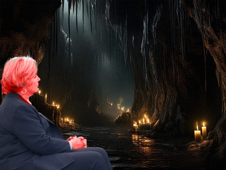 Susie Wiles sitting alone in a spooky cave