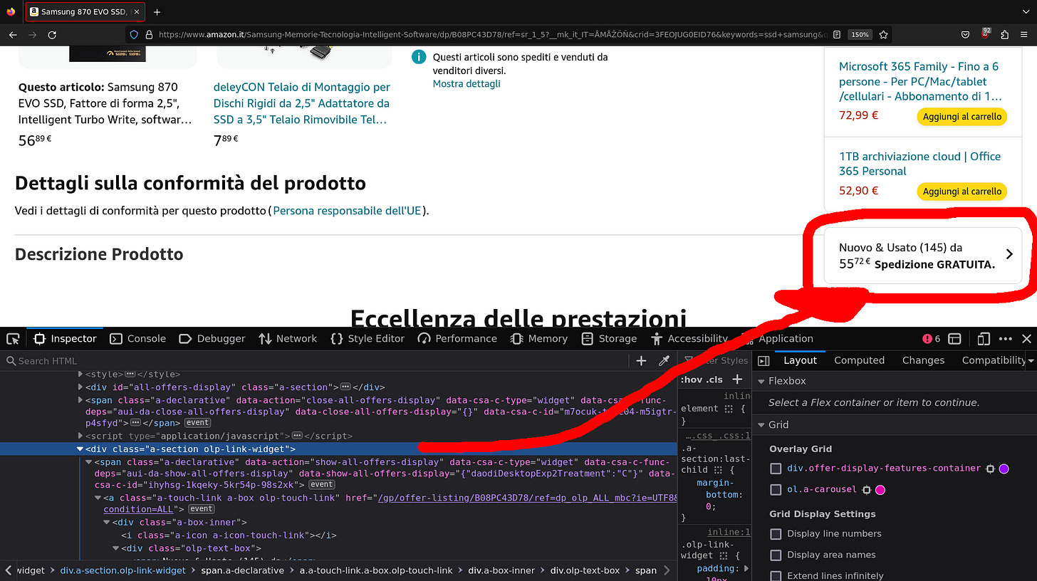 A widget containing the sellers selection options is highlighed in the product page