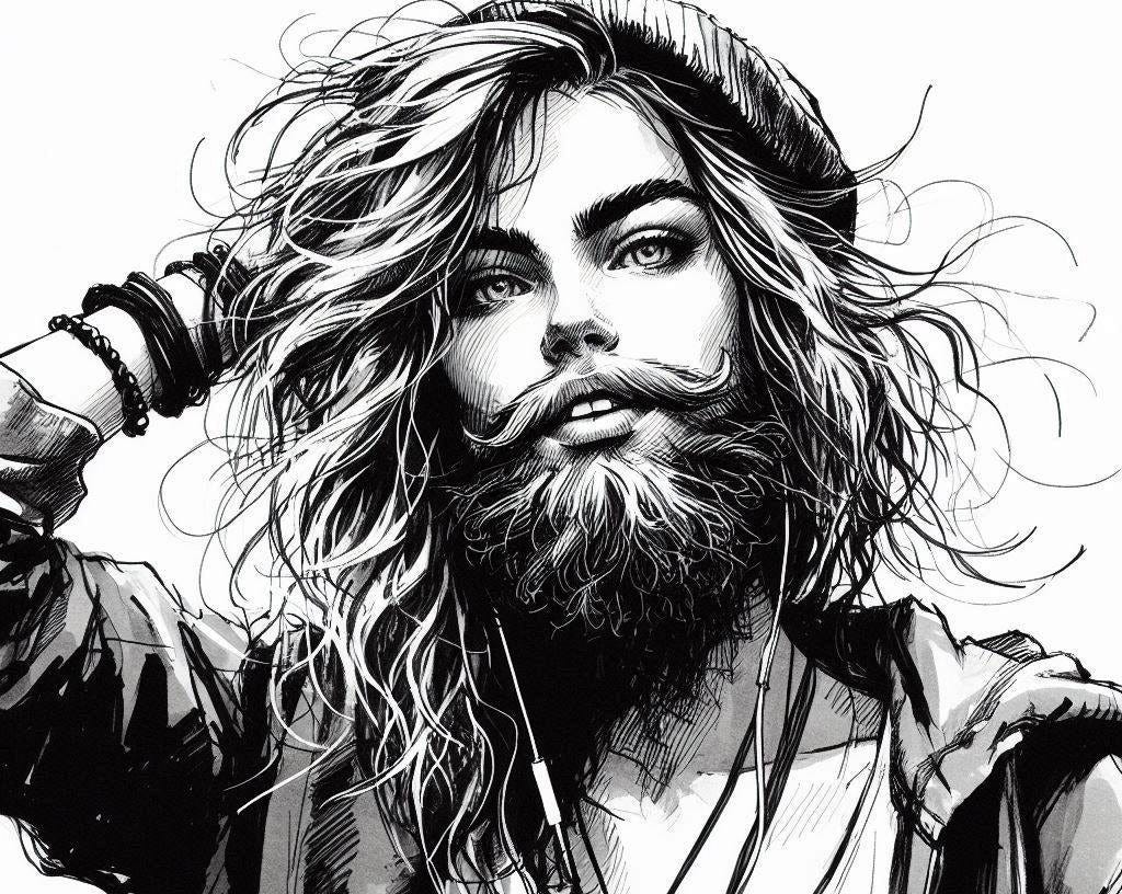 a homeless attractive woman with a beard in black and white ink and gouache style